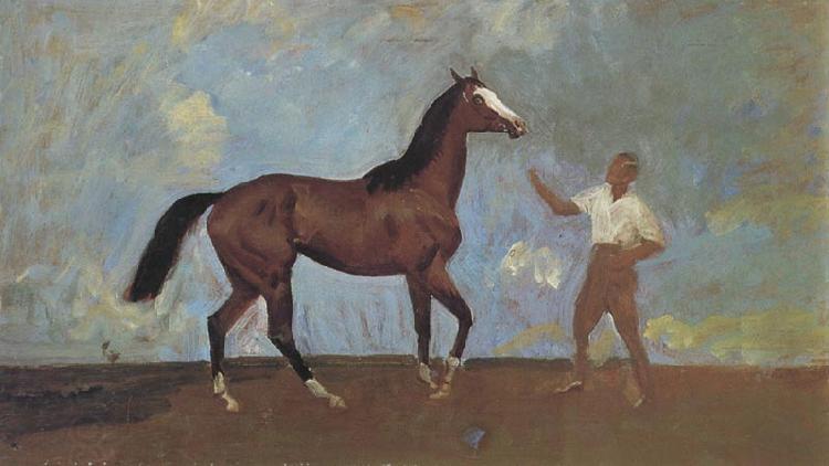 Sir Alfred Munnings,P.R.A The Racehorse 'Amberguity'  Held by Tom Slocombe China oil painting art